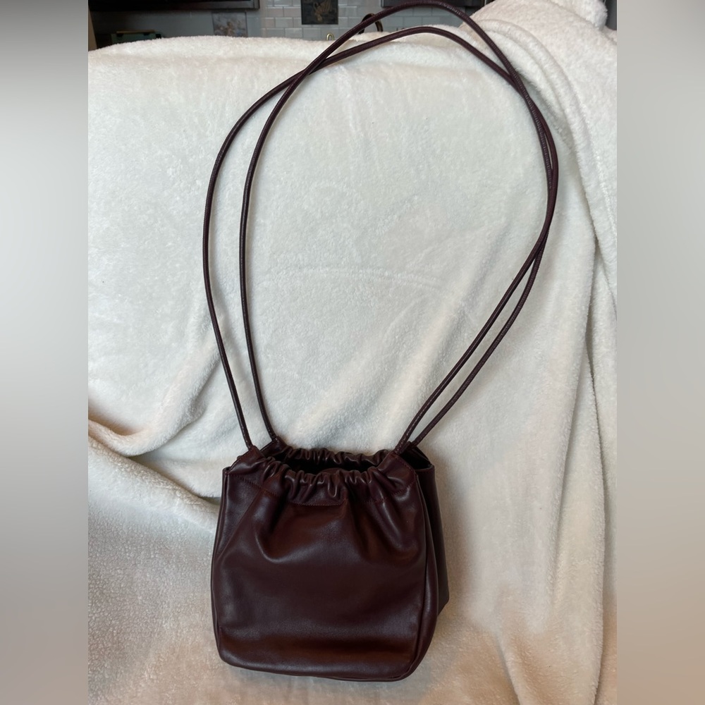 Creatures of Comfort Italian Leather Mini Pint Bucket Crossbody true burgundy